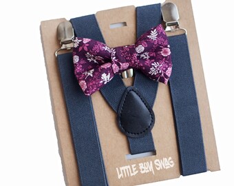 Wine/Marsala Blush Floral Bow Tie & Dark Grey Suspenders, Groomsmen, Ring Bearer/Page Boy Outfit, Cake Smash, First Birthday Outfit Boys
