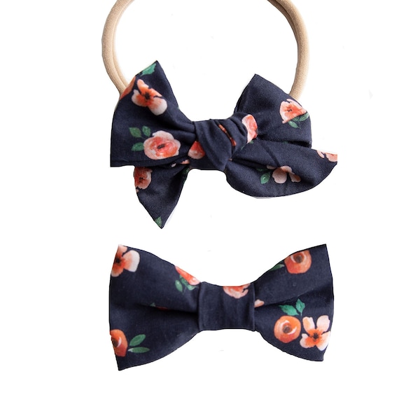 Navy Blue Floral Bow Tie Top Knot Bow Headband - Brother Sister Matching Siblings Twinning,  Gift Baby Shower