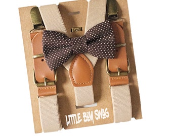 Cyber Monday Brown Polka Dot Bow Tie & Khaki/Tan Suspenders for Page Boy/Ring Bearer Outfit, Fall Weddings, Groomsmen, Gift, Family Photos