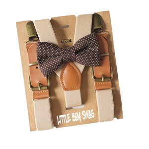 Cyber Monday Brown Polka Dot Bow Tie & Khaki/Tan Suspenders for Page Boy/Ring Bearer Outfit, Fall Weddings, Groomsmen, Gift, Family Photos image 1