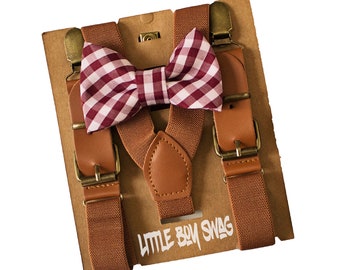 Burgundy Gingham Plaid Bow Tie & Brown Leather Suspenders for Christmas, Thanksgiving, Page Boy/Ring Bearer Outfit, Groomsmen, Family Photos