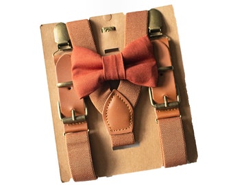Rustic Brown Leather Suspenders & Cinnamon Bow Tie for Ring Bearer/Page Boy Outfit, Gift Groom, Groomsmen