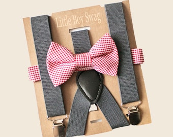 Red Gingham Bow Tie Dark Grey Suspenders Set, Newborn To Adult Sizes. Perfect For 1st Birthday Outfit, Cake Smash, Graduation, Family Photos