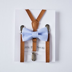 Dusty Blue Bow Tie Tan Leather Suspenders For Grooms, boys, groomsmen, Ring Bearer Outfit, Gift, Rustic Wedding image 1