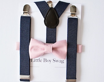 Dusty Rose Bow Tie Navy Suspenders Set, From Newborn To Adult Sizes. Perfect For Ring Bearer, Groomsmen, Birthday Boy Outfit, Cake Smash