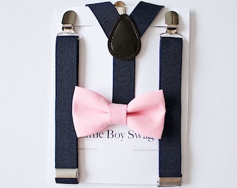 Blush Bow Tie and Navy Suspender For Boys - Men, Ring Bearer Gift, First Birthday Outfit, Kids Suspender, Ring Bearer Outfit, Boys Men Gift