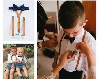 Tan Leather Suspenders Navy Blue Bow Tie, Toddler To Adult Sizes. PERFECT for Page Boy / Ring Bearer Outfit, Groomsmen Wedding Bow Tie, Gift