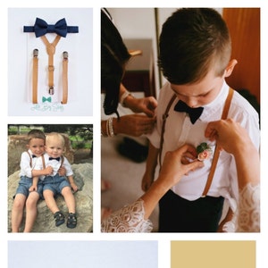 Tan Leather Suspenders Navy Blue Bow Tie, Toddler To Adult Sizes. PERFECT for Page Boy / Ring Bearer Outfit, Groomsmen Wedding Bow Tie, Gift image 1