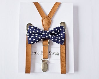 Navy Star Bow Tie Tan Leather Suspenders Newborn - Adult Sizes. Perfect For 4th of July Outfit, Independence Day, 1st Birthday, Cake Smash