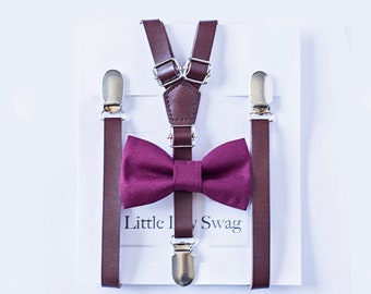 Boy Bow Tie, Brown Leather Suspenders,Ring Bearer Outfit,Wedding Bow Tie, Ring Bearer Gift,  Boy Wedding Outfit, Ring Bearer Outfit Wine