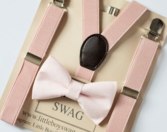 Dusty Blush Bow Tie Suspenders Set, Newborn To Adult Sizes. PERFECT For Ring Bearer Outfits, First Birthday Boy, Groomsmen, And Cake Smash