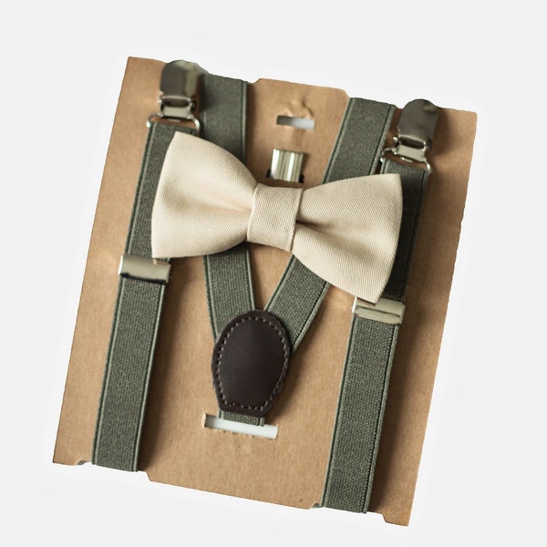 Khaki/Tan Bow Tie Moss Green Suspenders Set, Newborn To Adult Sizes. PERFECT For Ring Bearer Proposal, First Birthday Outfit, And Cake Smash