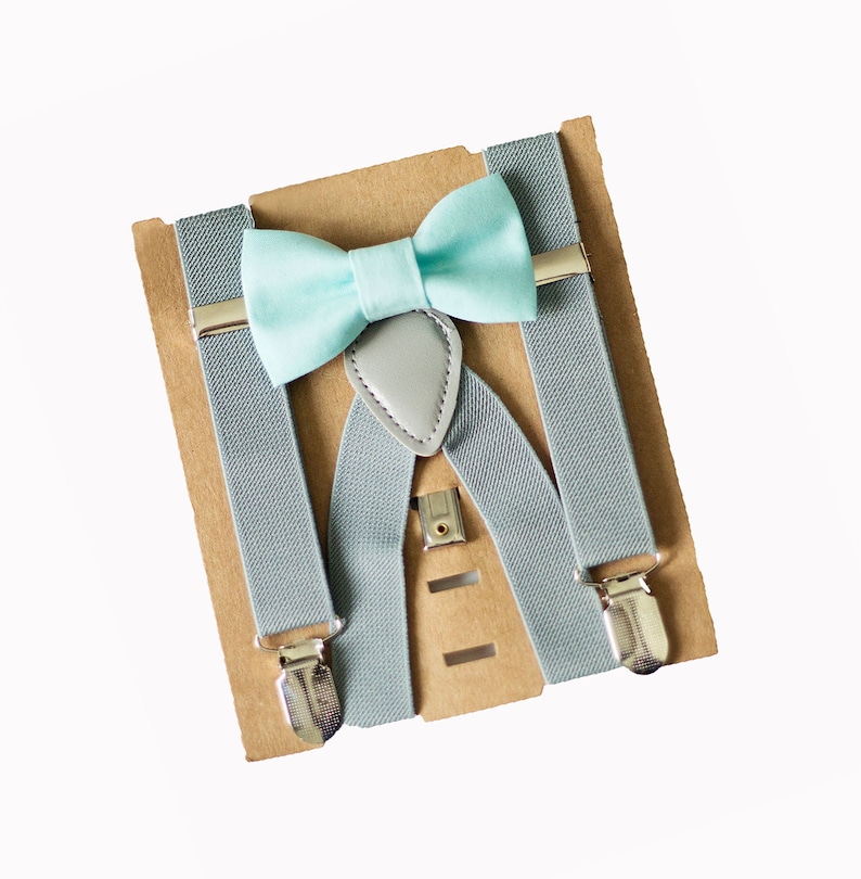 Boys Cake Smash Mint Green Bow tie Gray Suspenders Set- Boys Easter Outfit Ring Bearer First Birthday Boy Groomsmen Bow Tie
