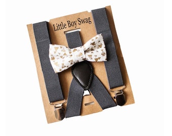 Gold Bow Tie Charcoal Grey Suspenders Newborn - Adult, Perfect For Page Boys/Ring Bearers, Cake Smash Outfit, 1st Birthday, Groomsmen Gift