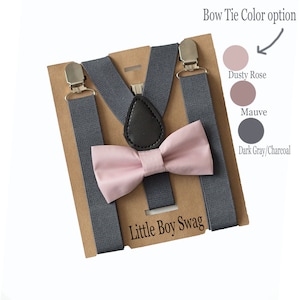Dusty Rose/Blush Bow Tie Dark Grey Suspenders Set, Newborn To Adult Sizes. PERFECT For Groomsmen, Ring Bearer Outfits, And Boys Birthdays