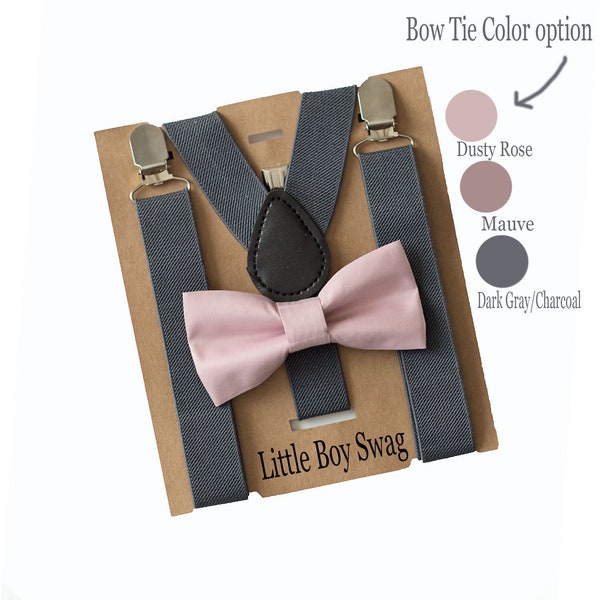 Dusty Rose/Blush Bow Tie Dark Grey Suspenders Set, Newborn To Adult Sizes. PERFECT For Groomsmen, Ring Bearer Outfits, And Boys Birthdays