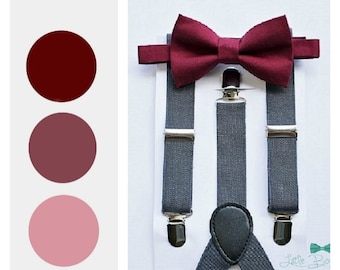 Burgundy/Wine Bow Tie Grey Suspenders NB-Adult, For Boys 1st Valentines, Ring Bearer Gift, Groomsmen Gift, Boy Birthday, Baby Shower Gift