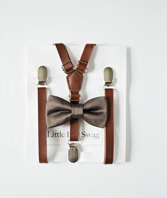 Groomsmen Bow Tie 1st Birthday Rustic Brown Leather Suspenders Dark Taupe Bow Tie Wedding Ring Bearer Outfit,Boys Birthday Outfit