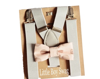 Metallic Blush Bow Tie Grey Suspenders for 1st Birthday Outfit, Cake Smash, Ring Bearer/Page Boy, Baby Shower Gift Ideas Boys, Toddler