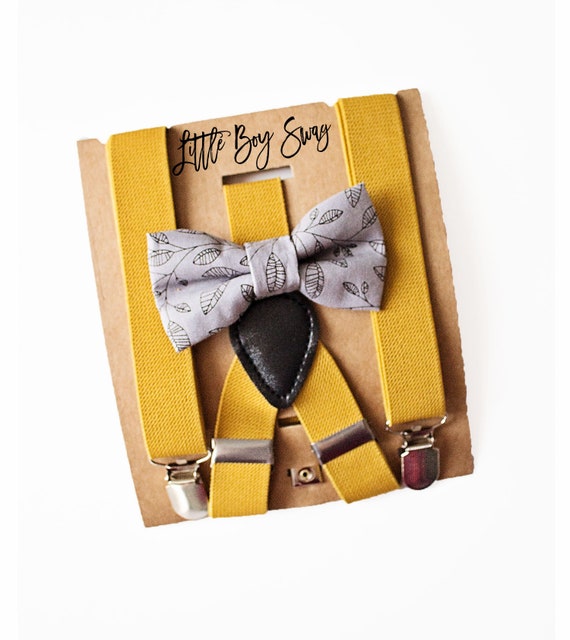 Boy Easter Outfit Grey Floral Bow Tie & Mustard Yellow Suspender