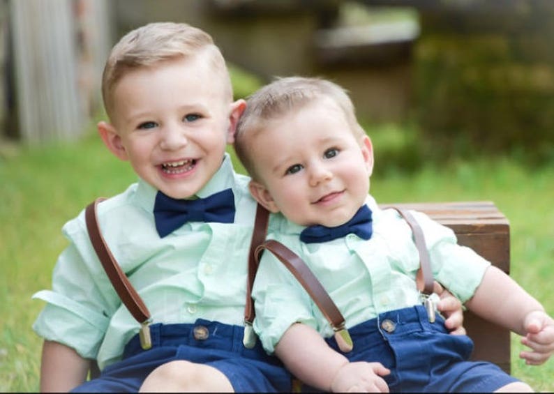 Boys Rustic Leather Suspenders Navy Bow Tie Mens Bow Tie | Etsy