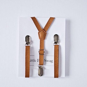 Dusty Blue Bow Tie Tan Leather Suspenders For Grooms, boys, groomsmen, Ring Bearer Outfit, Gift, Rustic Wedding image 3