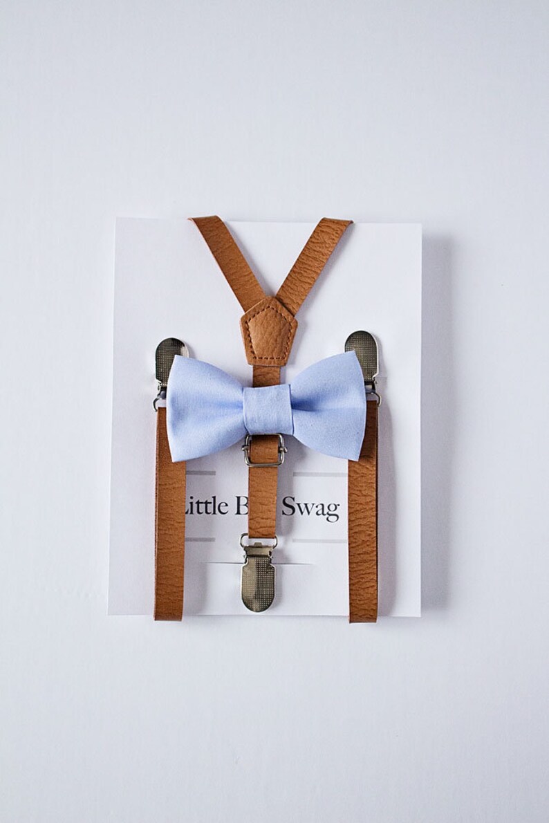 Dusty Blue Bow Tie Tan Leather Suspenders For Grooms, boys, groomsmen, Ring Bearer Outfit, Gift, Rustic Wedding image 1
