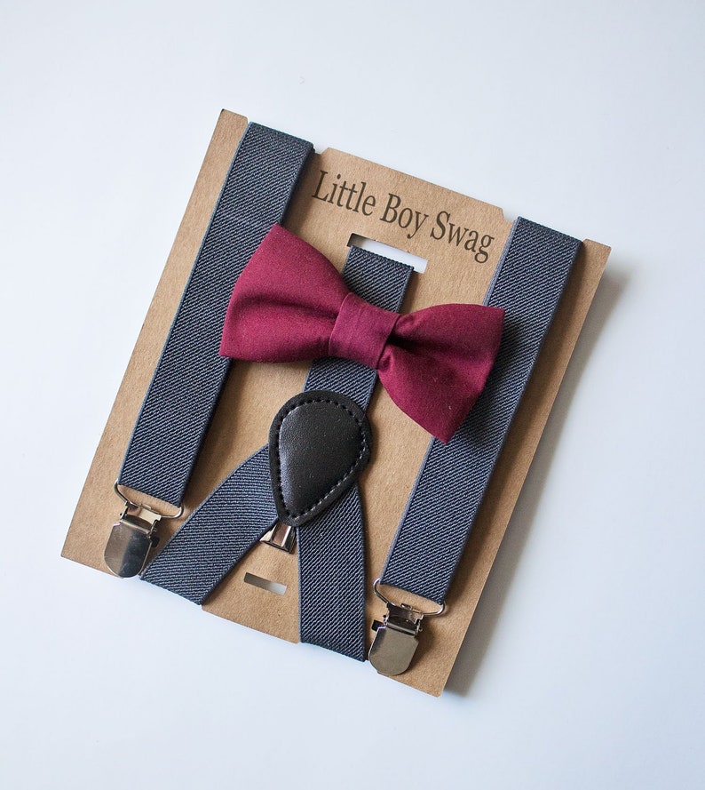 Kids Toddler Burgundy Bow Tie Polkadot Suspenders Set Barnyard Wedding Groomsmen