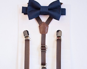 Dark Brown Leather Suspenders Navy Bowtie, Boys Suits, Boys Bow Tie Suspenders, Fall Wedding, Ring Bearer Outfit, Baby Bow Tie, Boys Clothes