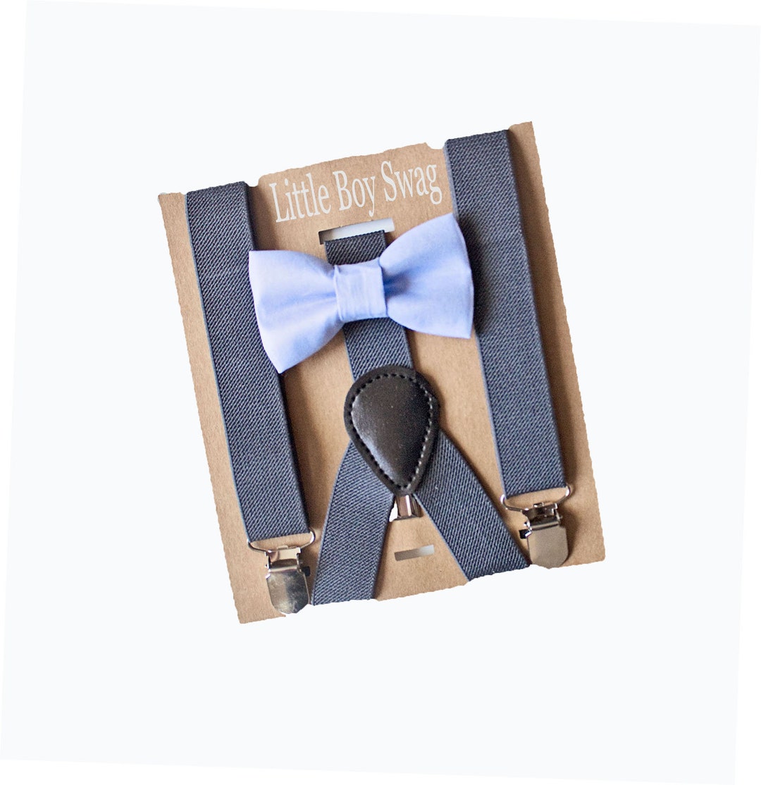 Dusty Blue Bow Tie Dark Grey Suspenders Groomsmen Ring Etsy