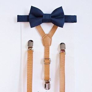 Tan Leather Suspenders Navy Blue Bow Tie, Toddler To Adult Sizes. PERFECT for Page Boy / Ring Bearer Outfit, Groomsmen Wedding Bow Tie, Gift image 2