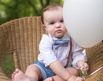 Dusty Blue Bow Tie Tan Leather Suspenders for Boys, Rustic Wedding, Kids Clothing, Baby Boy Bow Tie, Ring Bearer Outift, First Birthday Boy