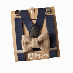 Country Wedding Beige Burlap Bow Tie Navy Blue Suspenders for Ring Bearer/Page Boy Outfit,Barn Wedding, Boys Gift, Newborn upto Adults Sizes