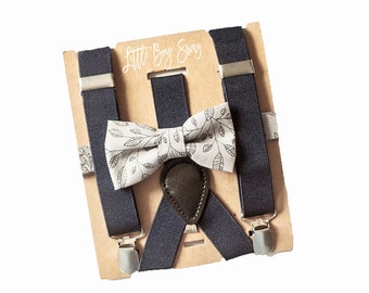 Boys Grey Bow Tie Navy Suspenders, Boys Suits, Boy Bow Tie and Suspenders, Ring Bearer Outfit, Wedding Outfit, Toddler Bow Tie, Baby Bow Tie