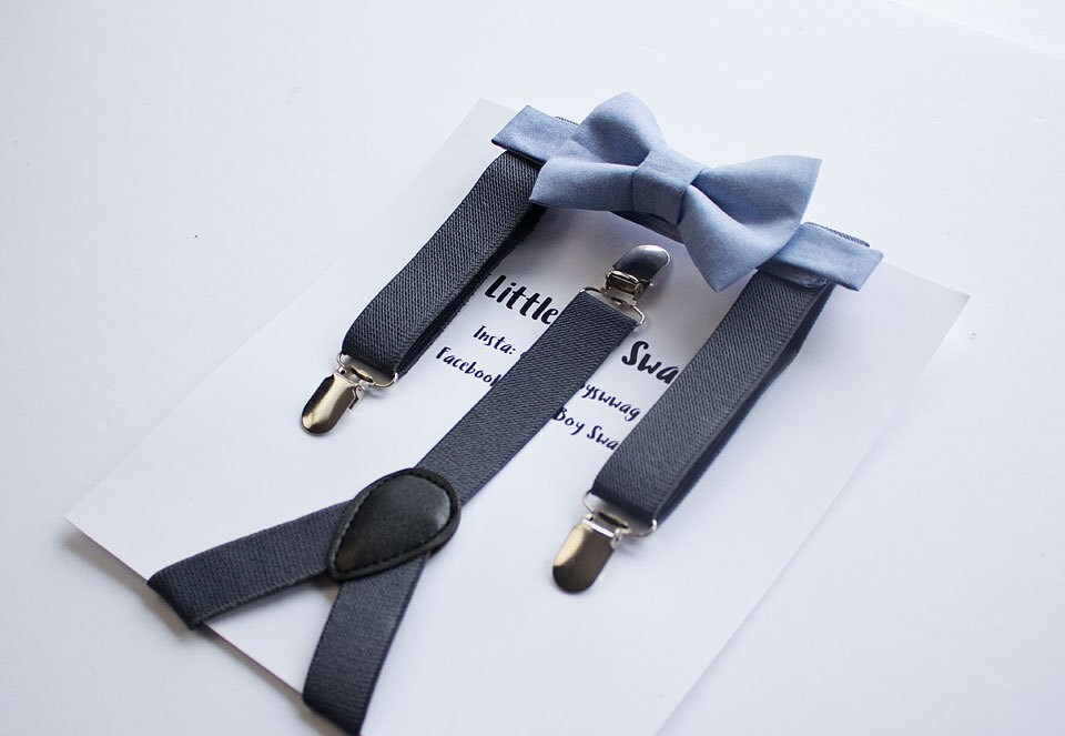 Dusty Blue Bow Tie Dark Grey Suspenders Groomsmen Ring | Etsy