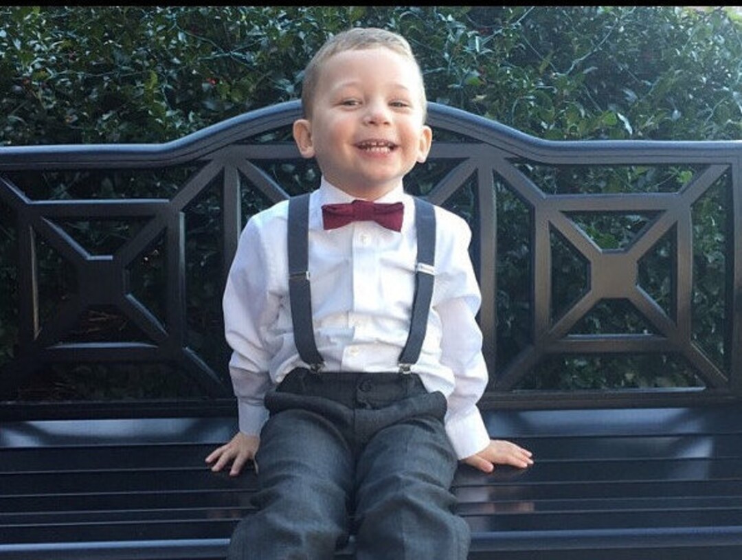 Boys Burgundy Bow Tie Charcoal Suspenders, Rustic Wedding, Baby Boy Bow
