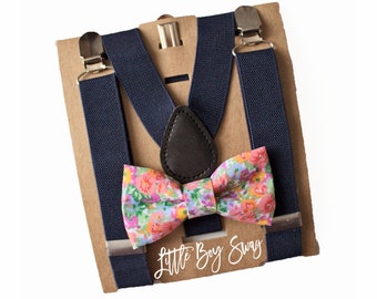 Pink Floral Bow Tie Navy Suspenders Toddler-Adult Sizes, For Boy's Easter, Ring Bearer/Page Boy Outfit, 1st Birthday Boy, Cake Smash Outfit