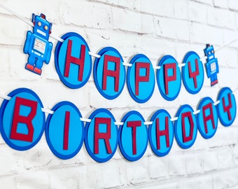 Robot Birthday Banner, Robot Birthday, Robot Banner, Time to Gear Up birthday, Lets Go Nuts Birthday (BLUE/RED)