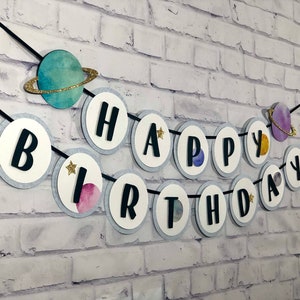 Banner espacial / Fiesta de cumpleaños espacial / Banner de galaxia para niñas / Banner del sistema solar / Banner de dos lunas / Decoración del primer viaje alrededor del sol / Caprichoso