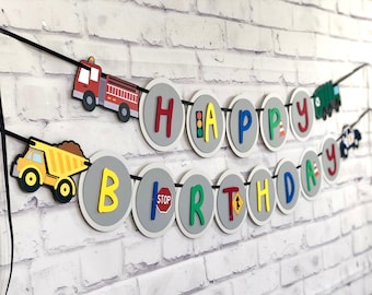 Anniversaire des transports | Bannière d'anniversaire de véhicule | Bannière d'anniversaire de camion | Pack fête transport | Invitation au transport