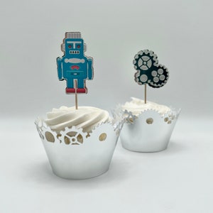 Robot Birthday | Robot cupcake toppers | Robot Cake | Gear up party | Go Nuts Birthday, Coding Party | (Teal)