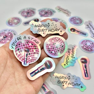 Popstar Stickers | Holographic rainbow stickers | Mirrorball Stickers | Disco ball party | Music invitation | Music Star Birthday