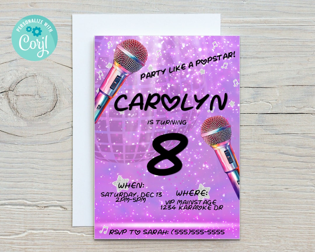 Popstar Invitation, Mirrorball Birthday, Karaoke Birthday, Music Party
