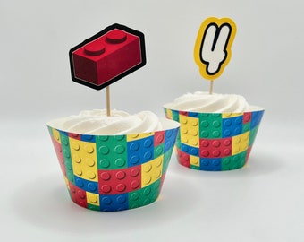 Building Block Cupcake Topper, Brick Birthday Decorations, Brick Birthday, Brick party gift, Brick Party Decor (blue/green)