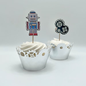 Robot Birthday | Robot cupcake toppers | Robot Cake | Gear up party | Go Nuts Birthday, Coding Party | (Gray/Blue)