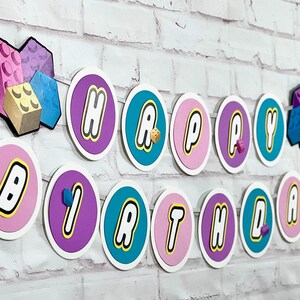 Building Block Banner | Brick Birthday Banner | Brick Party Banner | Pink building block | Purple building block (purple/pink/teal)