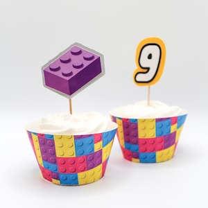 Building Block Cupcake Topper, Brick Birthday Decorations, Brick Birthday, Brick party gift, Brick Party Decor (pink/purple)