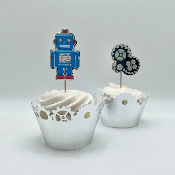 Robot Birthday | Robot cupcake toppers | Robot Cake | Gear up party | Go Nuts Birthday, Coding Party | (Blue)