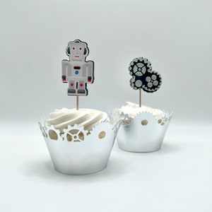 Robot Birthday | Robot cupcake toppers | Robot Cake | Gear up party | Go Nuts Birthday, Coding Party | (Gray)