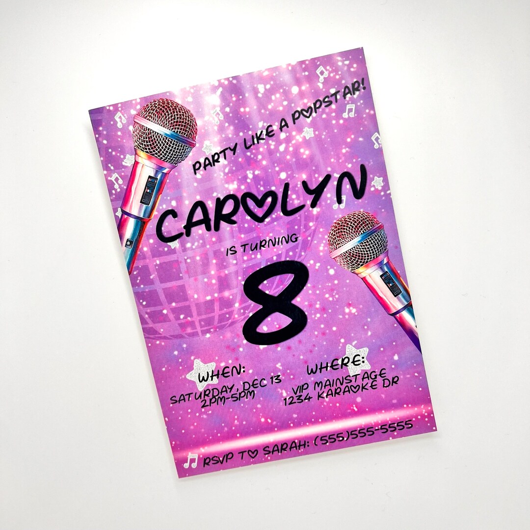 Popstar Invitation, Mirrorball Birthday, Karaoke Birthday, Music Party